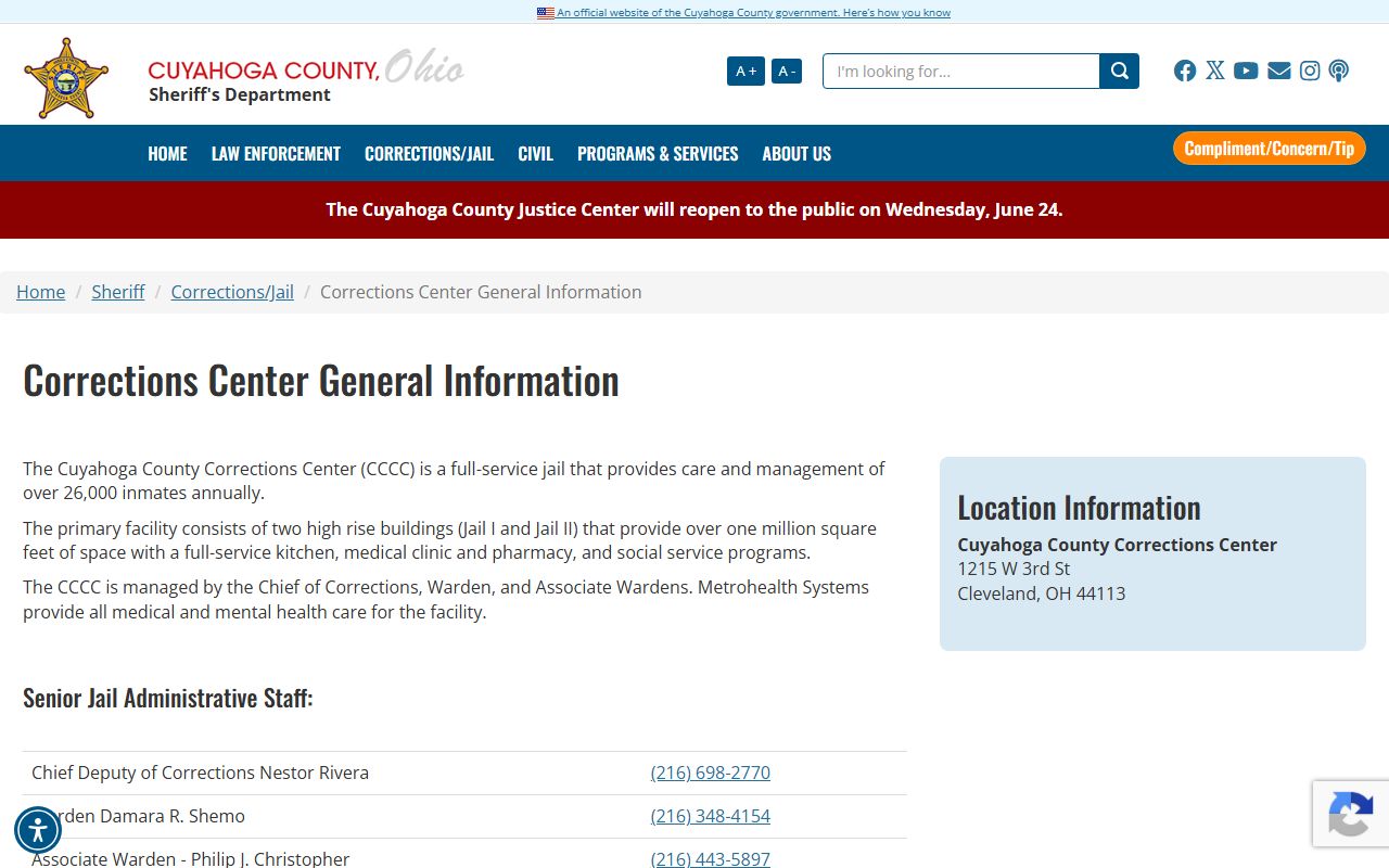 Cuyahoga County Corrections Center inmate facility overview page