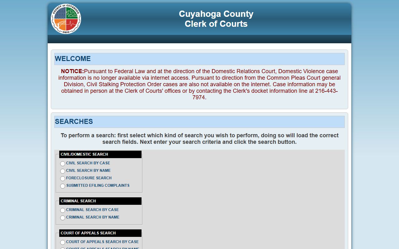 Cuyahoga County court records after arrest case search page