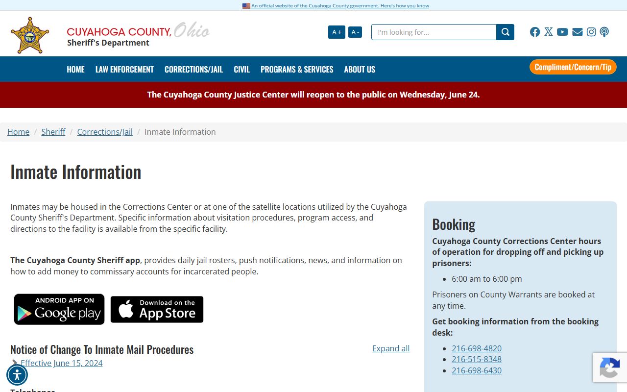 Cuyahoga County inmate information page for app roster and booking desk access